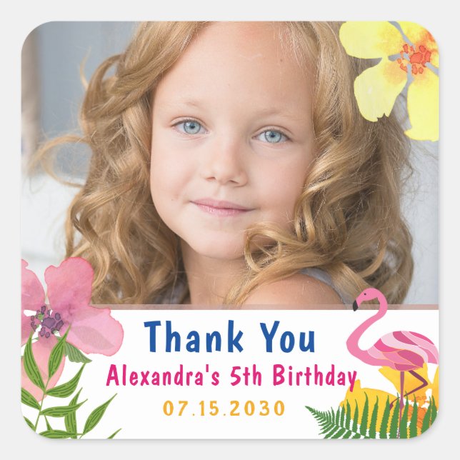 Sticker Carré Flamant rose photo Fille Anniversaire Merci (Devant)