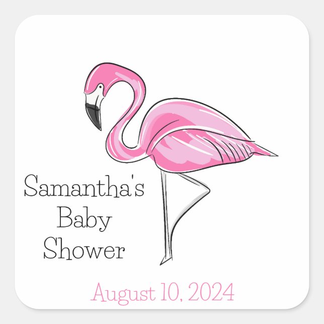 Sticker Carré Flamant rose rose Baby shower personnalisé (Devant)