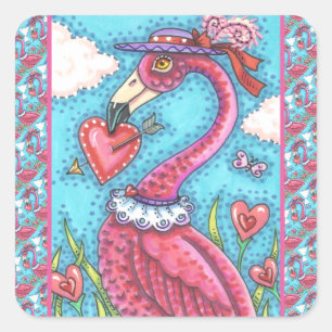 Sticker Carré Flamant rose ROSE COEURS DE VALENTINE, INSÉPARABLE