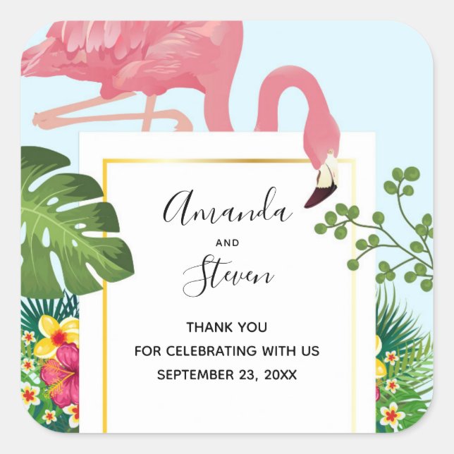 Sticker Carré Flamant rose rose élégant et Mariage Feuille tropi (Devant)