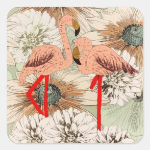 Sticker Carré Flamant rose rose Floral Tropical Feuilles Parties