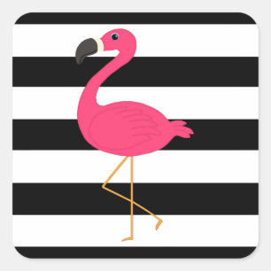 Sticker Carré Flamant rose rose rayé noir et blanc