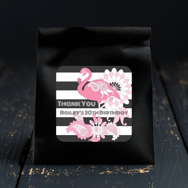 Sticker Carré Flamant rose rose rayé noir et blanc Anniversaire (Créateur téléchargé)