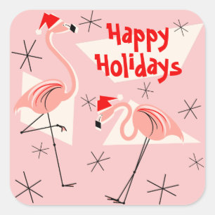 Sticker Carré Flamant rose Santas Pink Happy Holidays carré