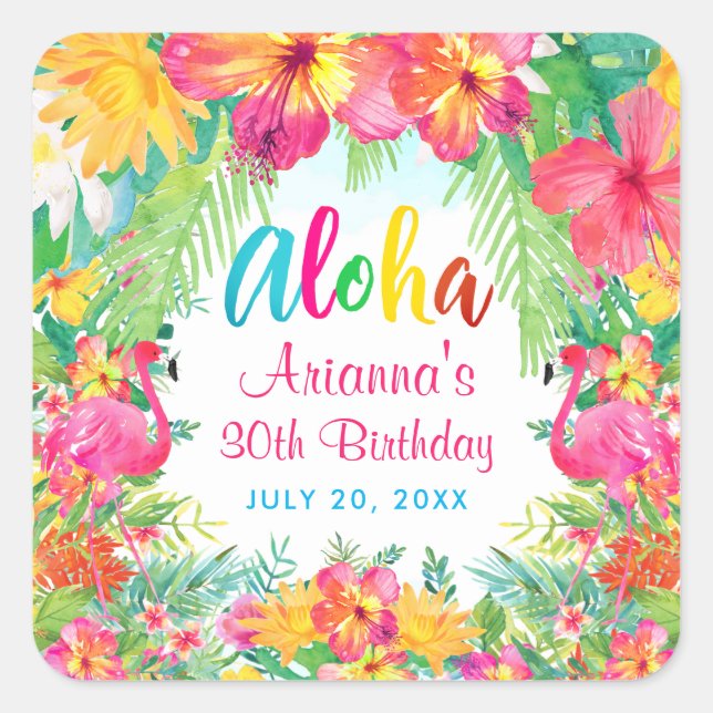 Sticker Carré Flamant rose tropical Aloha Luau Anniversaire (Devant)