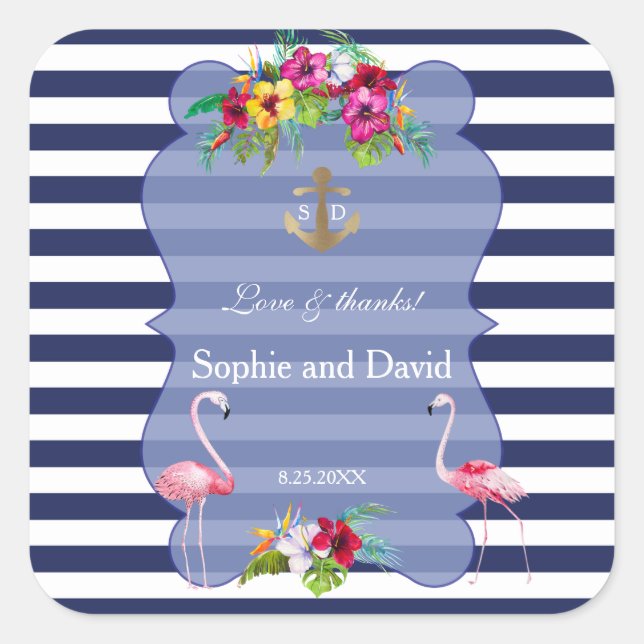 Sticker Carré Flamant rose tropical Floral Luau Navy Stripes Mar (Devant)