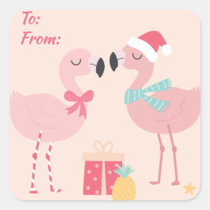 Sticker Carré Flamant rose Tropical Père Noël - Noël