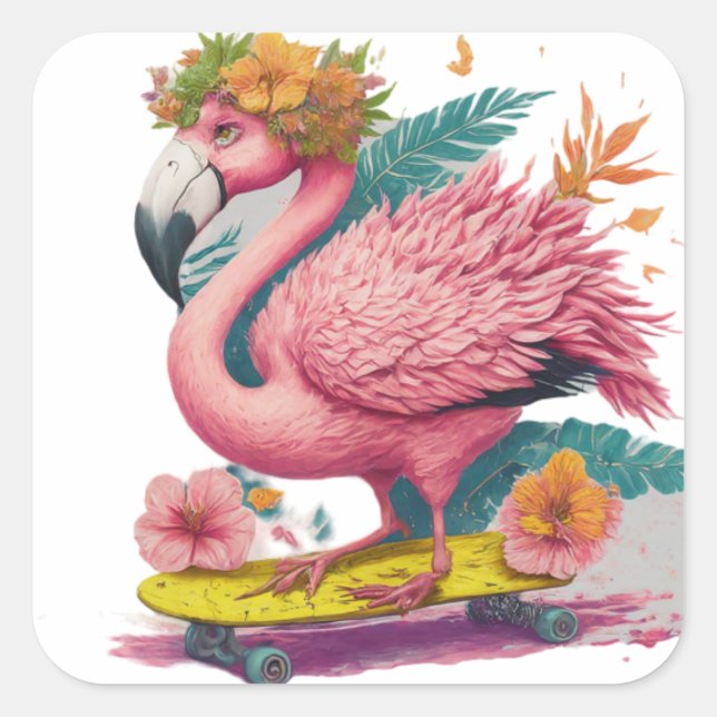 Sticker Carré Flamant rose - Tropical Skateboard Vibes Carré (Devant)