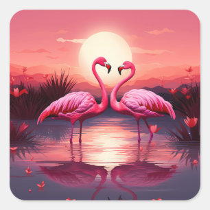 Sticker Carré Flamants roses roses au coucher du soleil