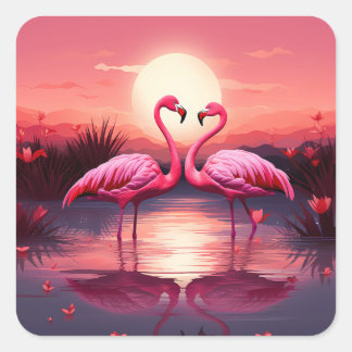 Sticker Carré Flamants roses roses au coucher du soleil