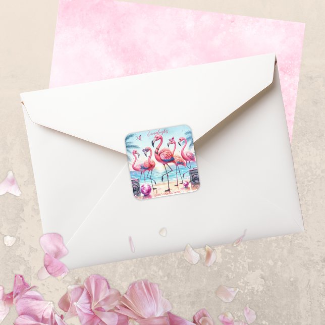 Sticker Carré Flamingle Beach Party Anniversaire (Créateur téléchargé)