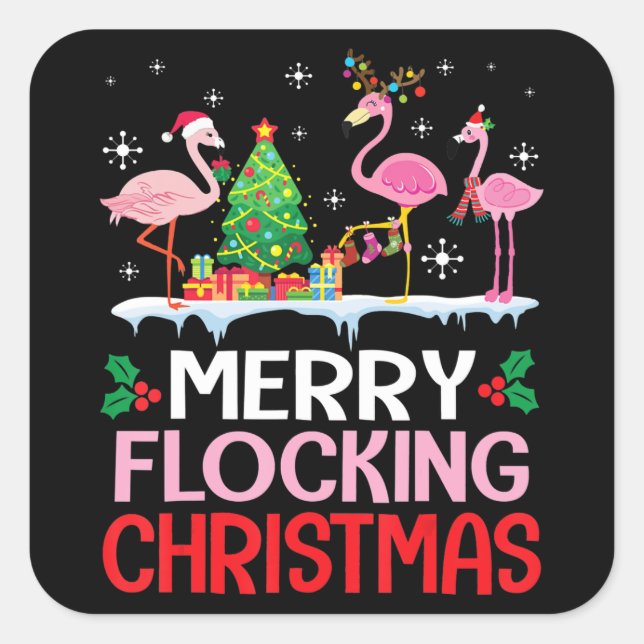 Sticker Carré Flamingo | Flamingo Noel Hats Dancing on Snow (Devant)