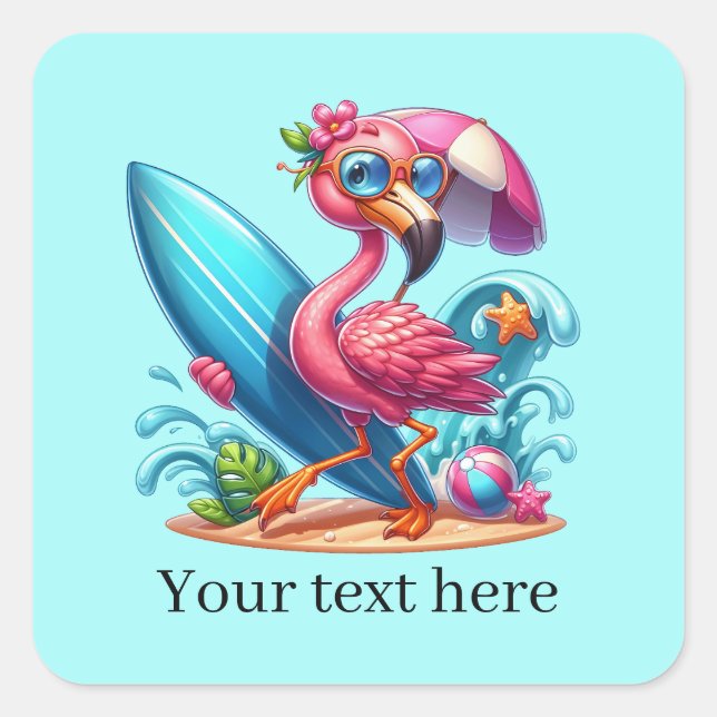 Sticker Carré Flamingo rose mignon surf (Devant)