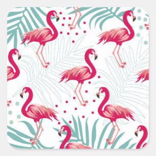 Sticker Carré Flamingo tropical et feuille, motif d'été.