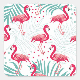 Sticker Carré Flamingo tropical et feuille, motif d'été.