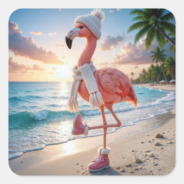 Sticker Carré Flamingo Wearing Winter Boots and Scarf (Devant)