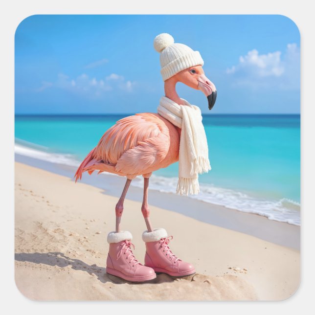 Sticker Carré Flamingo Wearing Winter Scarf and Hat (Devant)