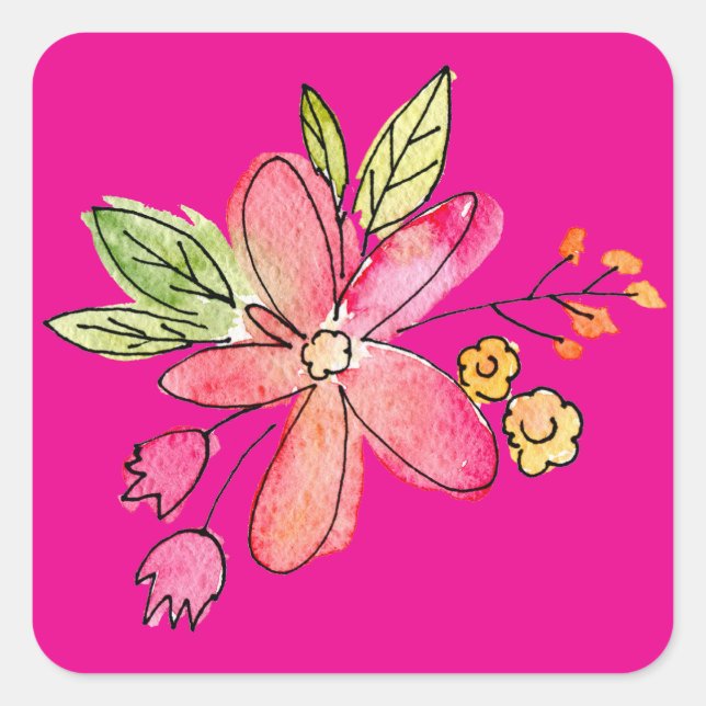 Sticker Carré Fleur Aquarelle sur rose néon (Devant)