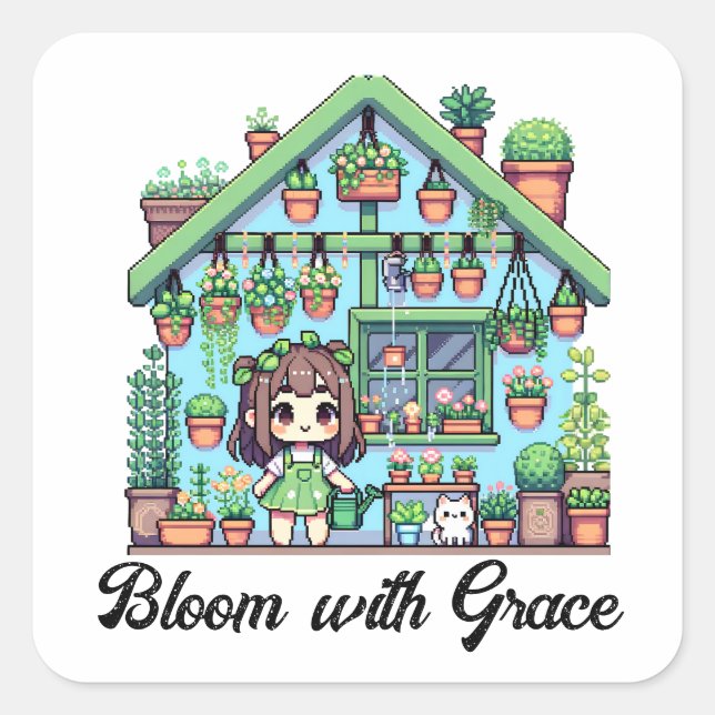 Sticker Carré Fleur avec grâce | Kawaii Girl avec Plante (Devant)