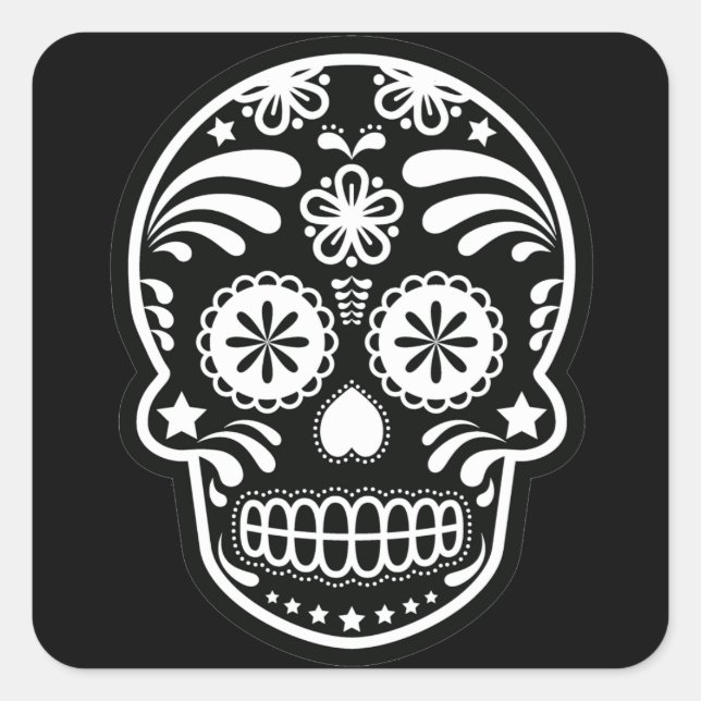 Sticker Carré Fleur crâne de sucre noir et blanc (Devant)