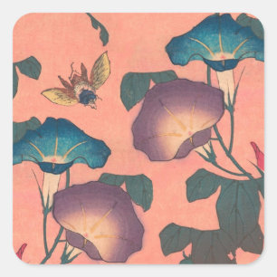 Sticker Carré Fleur d'abeille rose Art classique Hokusai