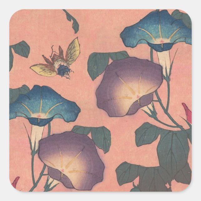 Sticker Carré Fleur d'abeille rose classique Hokusai Art (Devant)