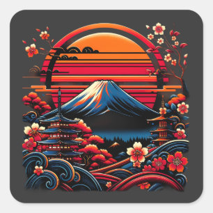 Sticker Carré Fleur de cerisier japonaise vintage Sakura Mont Fu