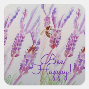 Sticker Carré Fleur de Lavande Abeille Heureuse Aquarelle