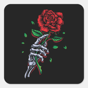 Sticker Carré Fleur de rose rouge squelette