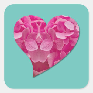 Sticker Carré Fleur d'Hydrangée rose Coeur dansant sur bleu Turq