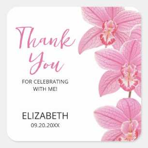 Sticker Carré Fleur d'orchidée rose tropicale Merci d'anniversai