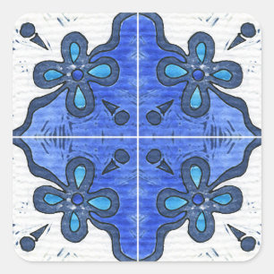 Sticker Carré Fleur en bleu inspirée par Azulejos portugais