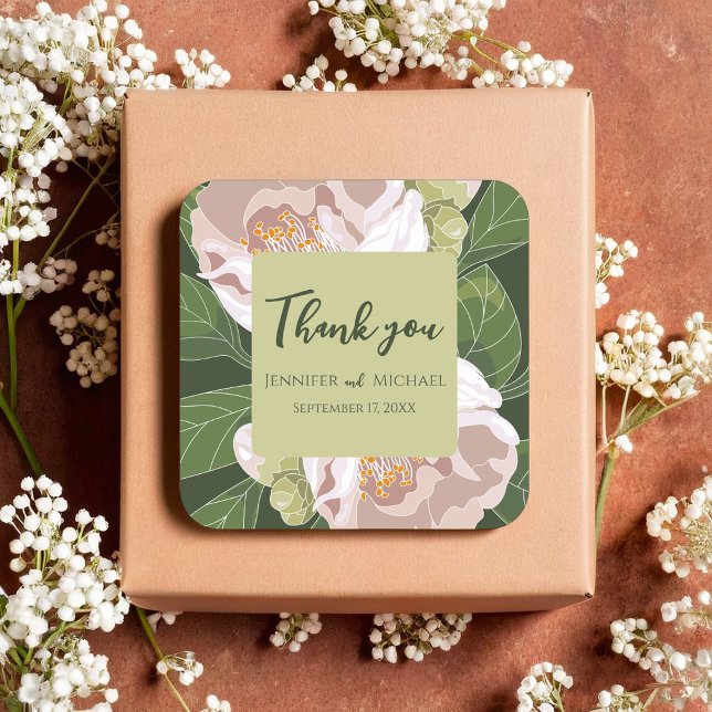 Sticker Carré Fleur et verdure luxuriante Élégante (Lush Flower and Greenery Elegant Square Sticker)