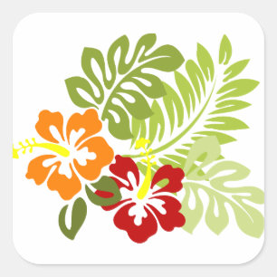 Sticker Carré Fleur Feuilles tropicaux Hibiscus Hawaii Rouge Ora