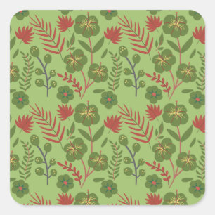 Sticker Carré Fleur motif, branche, feuille fleurie verte sans s