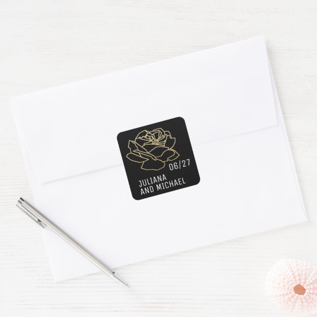 Sticker Carré Fleur Rose avec nom, noir mariage (Enveloppe)