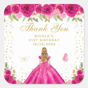 Sticker Carré Fleur rose chaud Cheveux Blonds Princesse Annivers