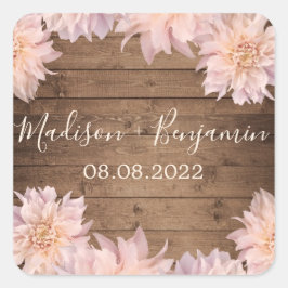 Sticker Carré Fleur rose Dahlia Mariage en bois rustique Date