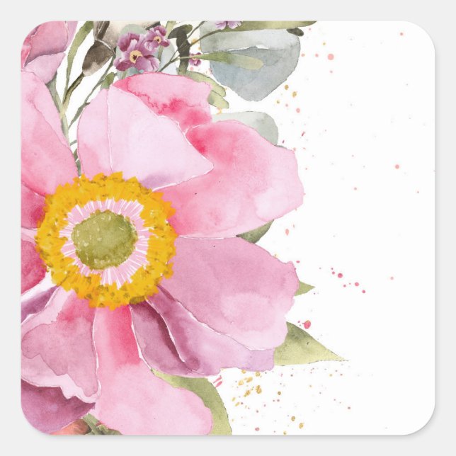Sticker Carré Fleur rose en aquarelle (Devant)