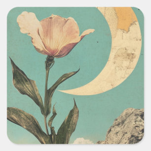 Sticker Carré Fleur rose et lune de croissant