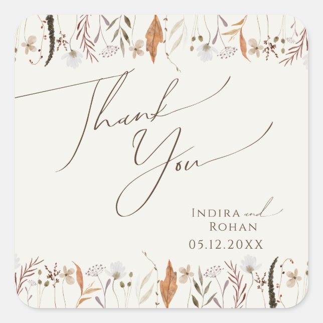 Sticker Carré Fleur sauvage d'automne Boho | Merci Mariage beige (Devant)