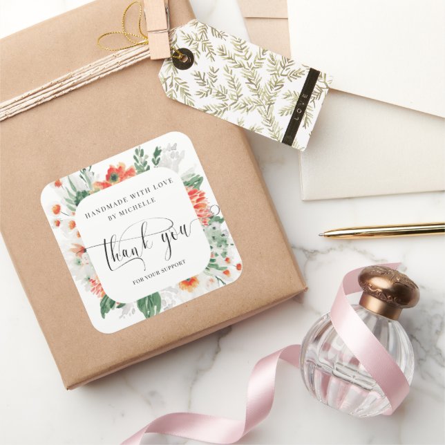 Sticker Carré fleur sauvage d'été fait main avec amour merci (Cadeaux)