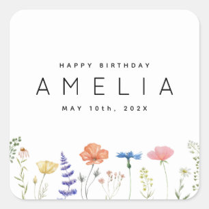 Sticker Carré Fleur sauvage rustique Joyeux Anniversaire Nom