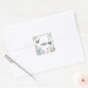 Sticker Carré fleur sauvage verte élégante Boho monogramme en fl