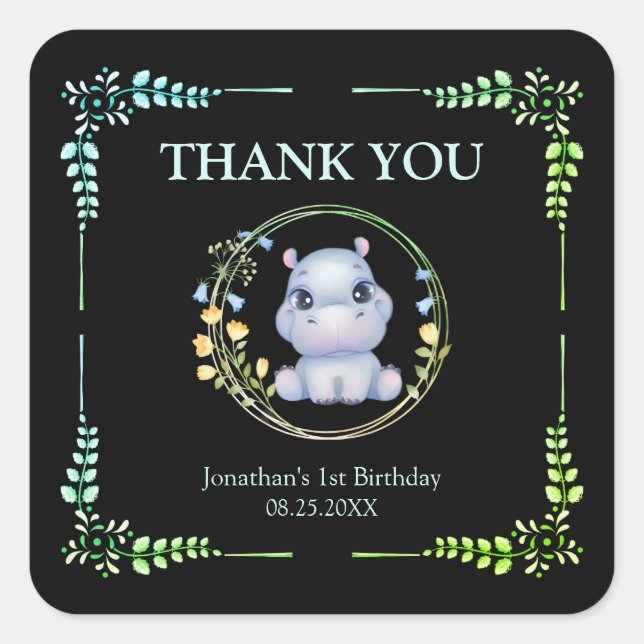 Sticker Carré Fleur Wreath mignon Hippo Anniversaire Merci Noir (Devant)