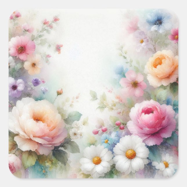 Sticker Carré Fleurs Aquarelle Ajoutez Votre Texte Modèle Vierge (Devant)