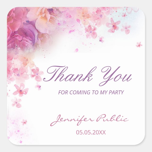 Sticker Carré Fleurs Aquarelle Roses Merci Écriture Manuscrite (Devant)