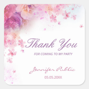 Sticker Carré Fleurs Aquarelle Roses Merci Écriture Manuscrite