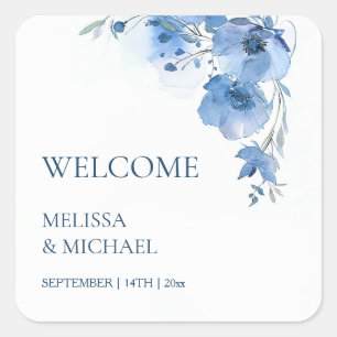 Sticker Carré Fleurs aquarelles bleues Mariage Bienvenue