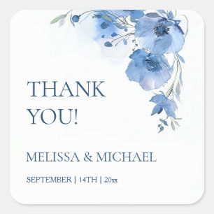 Sticker Carré Fleurs aquarelles bleues Mariage Remerciements